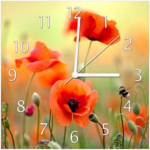 Wallario Design-Wanduhr Mohnblumenblüten aus Glas, Motiv-Uhr Größe 30 x 30 cm, weiße Zeiger