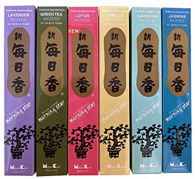 nippon kodo Morning Star Räucherstäbchen-Set, 6 Stück (Lotus, Vanille, Lavendel, Jasmin, Grüner Tee und Gardenia), je 50 Stäbchen