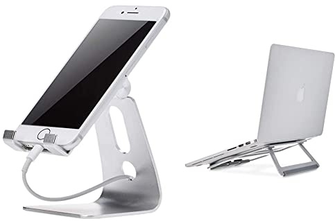 Amazon Basics - Supporto richiudibile in alluminio per PC portatili con display fino a 15”, Argento & Supporto regolabile per cellulare, per iPhone e dispositivi Android | Argento