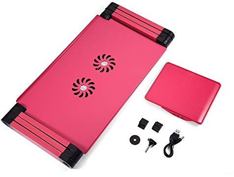 lyrlody Betttisch für Laptop, faltbar, mit Kühllöchern, tragbarer Schreibtisch, neigbar, Betttablett, Winkel verstellbar, integrierter Lüfter, Rot