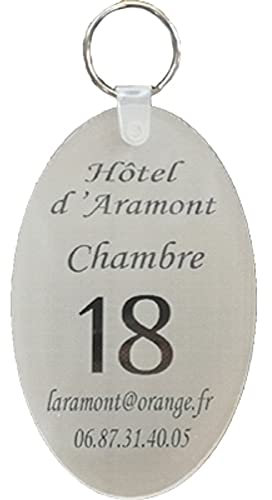 Mega porte-clés plexi spécial hôtels, chambres d'hôtes, gîtes, B&B, camping, mobil-home chalet gravure blanche lettres transparentes ou pc rose,bleu et noir au choix voir photos