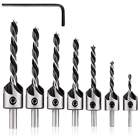 Gasea Juego de Brocas Avellanadoras HSS para Carpintería, 7Pcs Herramienta de Chaflán para Madera 3mm-10mm con Llave Hexagonal y Recubrimiento de Titanio