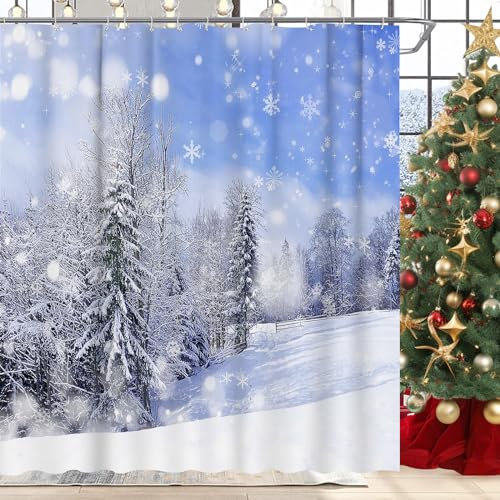 GOOESING Set di tende da doccia invernali con 12 ganci di Natale delle meraviglie Foresta Bokeh Snow Scene Pine Tree Tenda da bagno durevole impermeabile in tessuto di poliestere Set per la