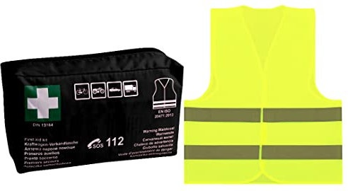 notlok Safety Work, 2w1 PKW KFZ Verbandkasten, Schwarz Verbandtasche + Neongelb Warnweste, Auto Erste Hilfe Kombitasche + Pannenweste, DIN13164, 5 Jahre Garantie