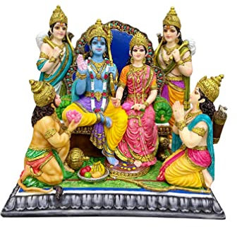 SrI Krishna CULTURE Hand Carved Ram Darbar Murti/Statue/Idol,Ram Sita Laxman Hanuman Bharat Shatrughan Height-13.5 Inches,Material-Resin( Multicolour)
