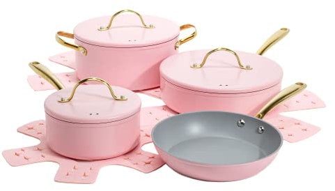 Paris Hilton Iconic Antihaft-Töpfe und Pfannenset, mehrschichtige Antihaftbeschichtung, passende Deckel mit goldenen Griffen, hergestellt ohne PFOA, spülmaschinenfestes Kochgeschirr-Set, 10-teilig,