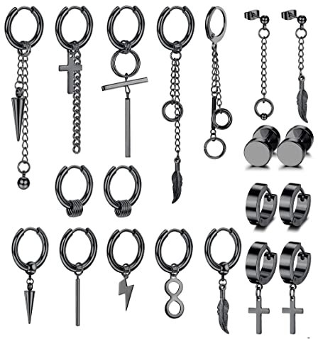 Dochais 20 Stück Edelstahl-Ohrringe Männer Frauen Mode Kreuz Ohrringe, Punk-Stil, Vintage, Gothic, Punk Schwarze Kette Punk Knorpel Helix Ohrringe