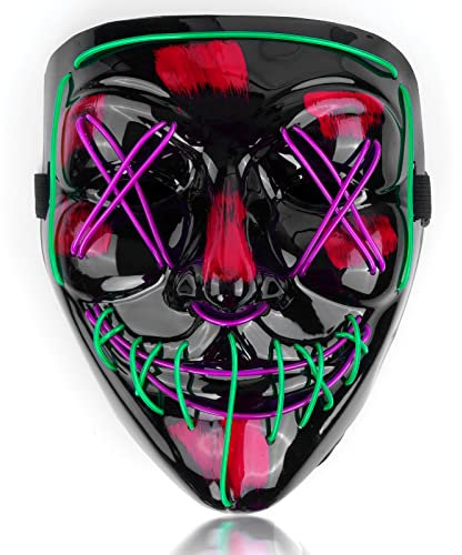 SOUTHSKY LED Maske Schwarzes Horror Vollgesicht 2 Farben, Neonlicht, leuchtend, für Halloween, Festival, Karneval, Rave, Kostüm, Cosplay (grün + lila)