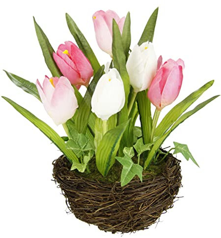 Kunstblumen Tulpen im Nest künstliche Blume Papageientulpe Blüte Frühjahrsdeko Osterdeko Osternest Mittelstück Dekoration Seidenblume wie echt Kunsttulpe Tischdeko Zimmerpflanze Floristik