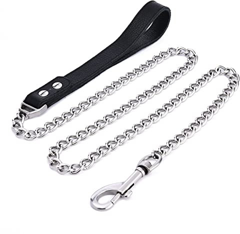 YOTHIWAD Hundeleine aus Metall,Starke Schwerlast kaubeständig Hundeleine Langlebiger Edelstahl,Komfortabler Griff aus echtem Leder,Gehtrainingsleine für mittel groß Hunde(180cm)
