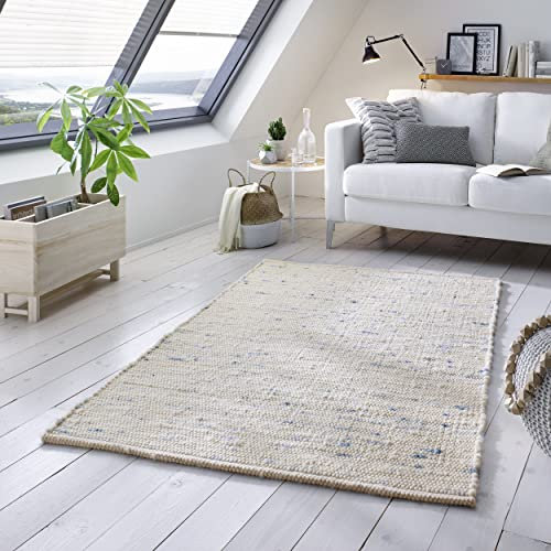 TacaHome Wollteppich Natur Handweb Teppich I Reine Schur-Wolle im Skandinavischen Design I Wohnzimmer Schlafzimmer Esszimmer Kinderzimer Büro | 200 x 290 cm Blau Meliert
