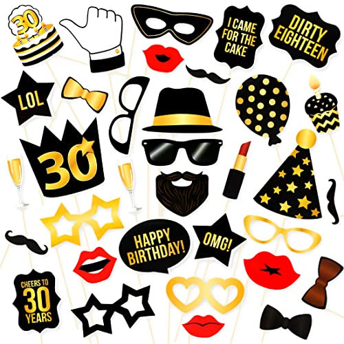 Aurasky 30.Geburtstag Fotobox Accessoires, 34 Stück 30. Geburtstag Photobooth Props Deko, 30 Geburtstag Foto Requisiten Party Deko Geburtstag 30. Geburtstag Deko Birthday Decorations