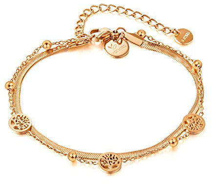 VICKWOOD Lebensbaum Armband aus Edelstahl Kette 22 cm Lang 18K Vergoldung Wasserfest in Gold/Rose Gold/Silber Geschenk für Frauen (A.Band_R.Gold)
