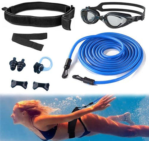 ROLMZJX 4m Elastique de Nage Piscine,Résistance Elastique de Nage avec Lunettes,Réglable Entraînement Ceinture de Natation,pour Adultes et Enfants, Utilisation Professionnelle, Amatrice ou Récréative