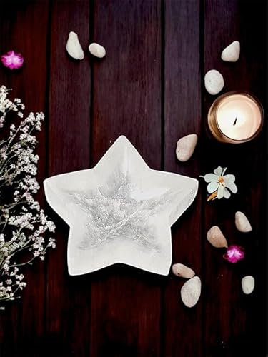 4All Selenite Crystal Natural White Star Bowl Handmade Natural Charging Crystal Altar Tumble Stone Meditation Healing Power Decoration Gift 10cm Star