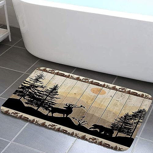 NYMB Rustikale Hütten-Badteppiche für Badezimmer, niedlicher Bär, Hirsch, Wald, Druck auf Landhaus, Lodge, Holzbrett, Badezimmerteppich, Badematten-Set, Bodenmatten, wilde Animas, Vintage-Fußmatte,