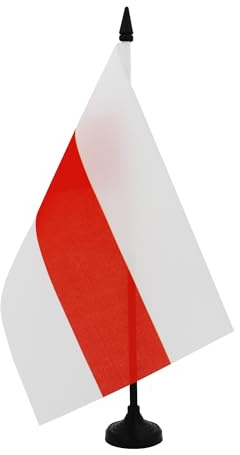 AZ FLAG Tischflagge Belarus Opposition Weiß Rot Weiß 21x14 cm | Für innen Tischflagge genähte Ausführung mit verstärkten Kanten mit Kunststoffstab und Kunststoffsockel 100D Polyester