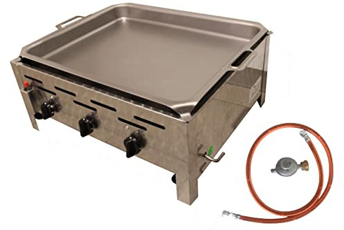 BSR-Grillen 3-flammiger Profi Gasgrill aus Edelstahl, stufenlos regelbar, Gasbräter, Gastrogrill, Gastrobräter mit Gasschlauch und Druckminderer (Gasgrill 13 KW | Edelstahlpfanne)
