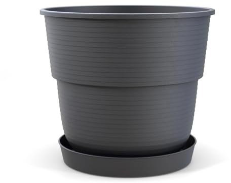Plastard Blumentopf Milano 26 cm Durchmesser mit passenden Untersetzer Farbe Anthrazit Übertopf Blumenkübel für Garten Balkon Terrasse Pflanztopf