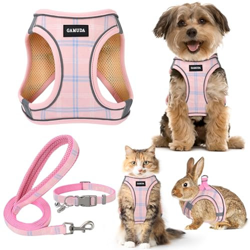 GAMUDA Hundegeschirr für kleine Hunde, Halsband und Leine, kein Ziehen, weiches Netzgewebe, verstellbar, kariert, reflektierend, für Hunde, Welpen, Katzen, Kätzchen, Kaninchen (Rosa, XXXS)