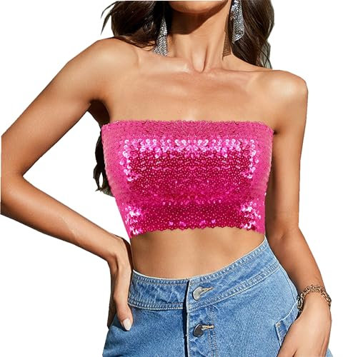 Segreto Damen Glitzer Pailletten Tube Top Sexy Ärmellos Vintage Bandeau Top Meerjungfrauen Trägerlos Crop Top Rosa Rot