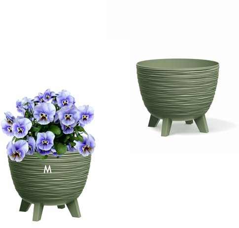 Blumentopf mit Füßen aus Kunststoff Schale Rund Kräutertopf 3D Rillen (Grün, M-29cm)