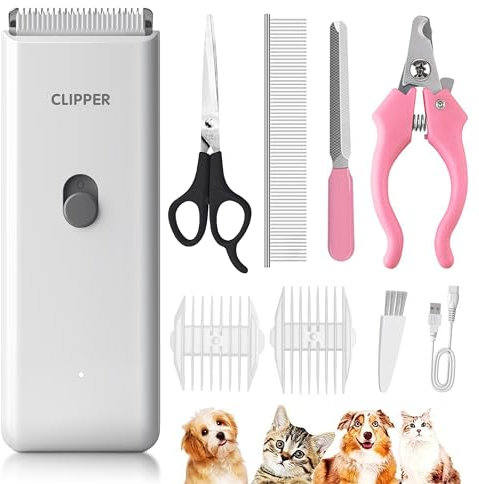 Favrison Dog Clippers, Professional Cat Grooming Kit for Matted Fur, Silent Cordless Cat Shaver, Rechargeable Dog Trimmers, Low Noise Pet Hair Clipper for Cats Dogs (White)