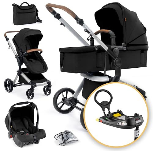 Bergsteiger Kinderwagen Lugo 4in1 | Kombikinderwagen Komplettset inkl. Zubehör - Babyschale, Buggy-Aufsatz, Sonnenschutz & Wetterfußsack | inklusive Isofix Station