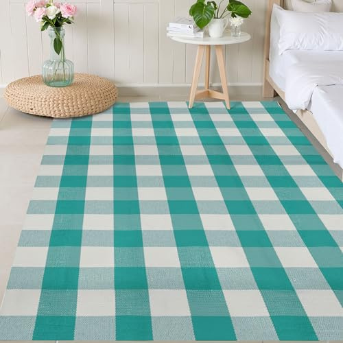 SEEKSEE Buffalo Plaid Outdoor-Teppich, 120 x 180 cm, hellblau und weiß kariert, waschbar, Fußmatte, Baumwolle, Boho, Schlafzimmer, Teppich für Küche, Eingang, Flur, Haustür, Bauernhaus, Wohnzimmer