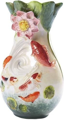 DSeenLeap Koi- und Lotus-Keramik-Blumenvase, großes Glas, ausgestellte Form, Heimdekoration im europäischen Stil für Wohnzimmer, Tischdekoration, Bodenvase oder Hochzeit, Einweihungsgeschenk, 25,5 cm
