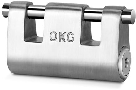 OKG Lucchetto in acciaio inox ad alta sicurezza, solido e resistente, resistente alle intemperie e antifurto, combinato con catena di sicurezza per moto, cancelli, magazzini, cilindro a spinta, 2