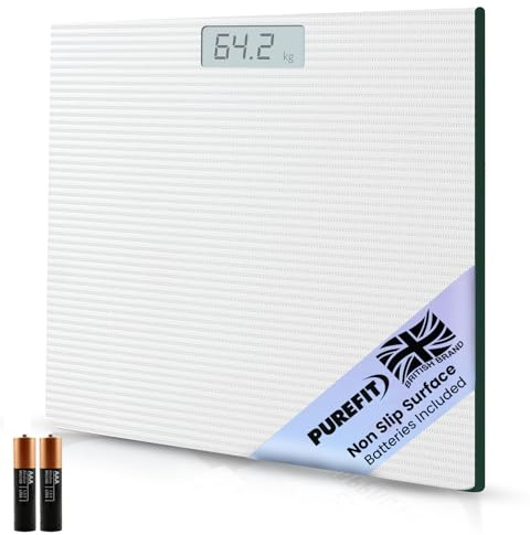 PUREFIT Digital Bathroom Scale for Measuring Body Weight Max 180KG | LED Display Weighing Scale LB/KG/ST with 2XAAA Batteries Included - High Precision Tap On Sensor with Anti-Skid Pads