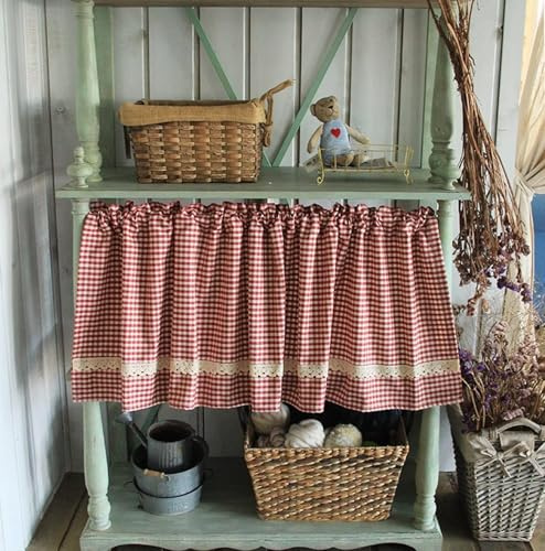 QJIRZB Rideau de cuisine en dentelle à carreaux rouge et blanc - Style rural - Style rural - Vichy - Pour petite fenêtre - 130 x 40 cm (l x H)
