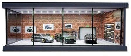 1/64 Diorama Car Garage Model,with LED Lighting City Car Showroom Model Car Parking Lot Storage Model,for 1/64 Scale Diecast Model Car,Scene Display Model Collection (Red Brick)