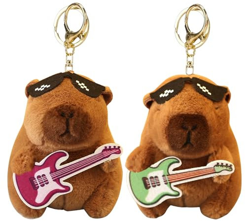 LunarCharm Lot de 2 Porte-Clés Capybara en Peluche - Lunettes de Soleil, Guitare, Réaliste - Pendentif pour Sac à Dos, Cadeau d'Anniversaire, Multicolore, L