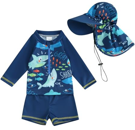 Qianderer Toddler and Baby Boys' 3-Piece Swimsuit Trunk Long Sleeve Rash Guard Bathing Suit with Hat Set Swimwear (Ba Blue, 2-3 Years)
