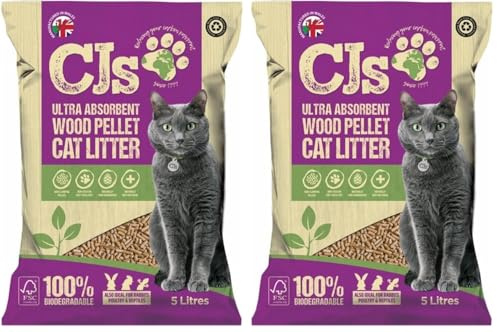 Cj's Premuim Cat Litter Ultra Absorbent Wood Pellets Non Clumping Biodegradable Natural Litter for Cats, Rabbits, Poultry and Reptiles - 5L (Pack of 2)