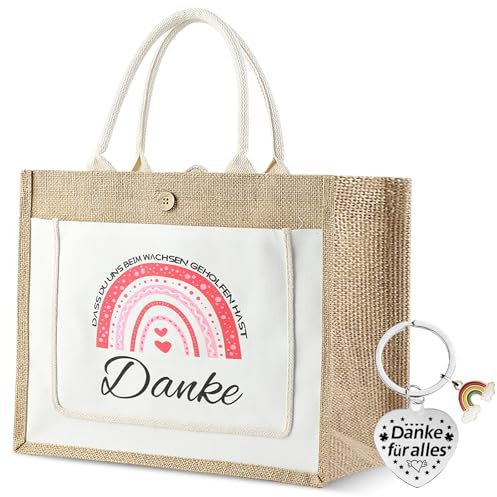 Dzmuero Jutebeutel Personalisiert, Einkaufstasche, Danke Geschenk Jute Einkaufstasche mit Schlüsselanhänger, Personalisiertes Geschenk für Erzieher, Einkaufstasche als Dankeschön für Kollegen (B)