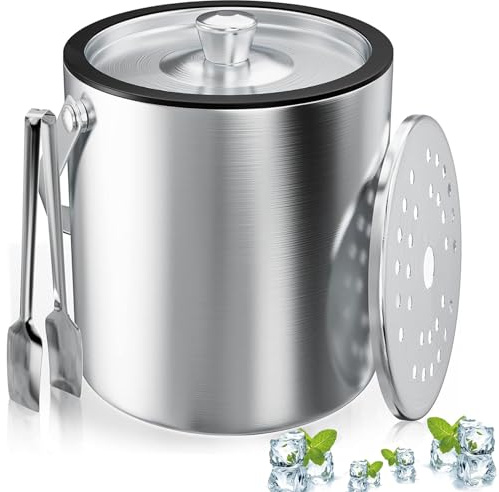 Secchiello Ghiaccio, secchiello per Ghiaccio Rotondo con Setaccioes e Pinze per ghiaccio, Contenitore per Cubetti da 2 Litri, Secchiello per Ghiaccio in Acciaio Inox