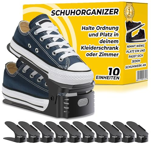 Platzsparender Schuhhalter für den Schrank – Höhenverstellbarer Schuhstapler für mehr Stauraum und Ordnung, Rutschfeste Aufbewahrung für alle Arten von Schuhen, Pumps oder Sandalen (Schwarz, 10 Stück)