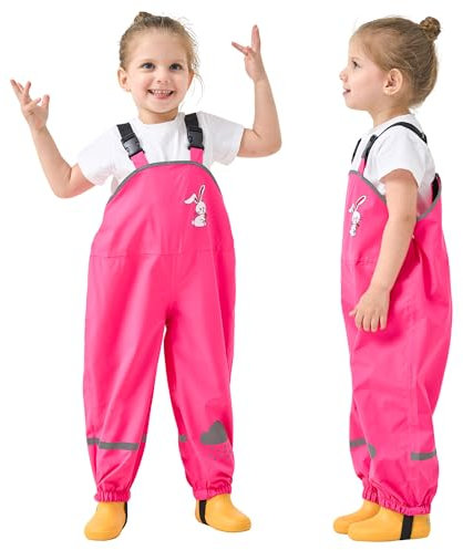 Domueay Pantaloni Impermeabili Bambini, Leggero Salopette Antipioggia Pantalone da Pioggia con Strisce Riflettenti, Rosso Rosa Coniglio Ragazze Impermeabile Abbigliamento, per 7 Anni