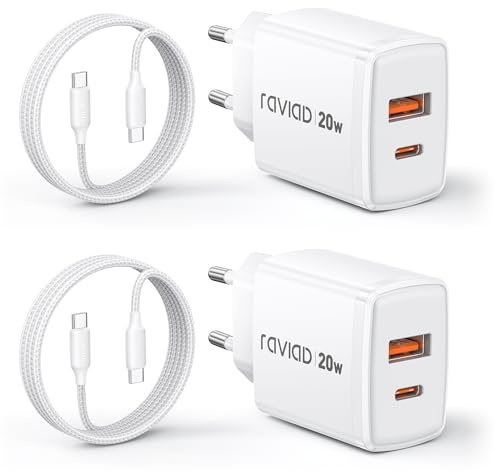 RAVIAD 20W Caricatore USB C 2 Pezzi, Caricabatteria Tipo C a 2 Porte (USBA + USBC) con 1M Cavo USB C, Caricabatteria Carica Rapida Compatibile con iPhone 16 15 Pro Max, Galaxy S25 S24 S23, iPad Pro