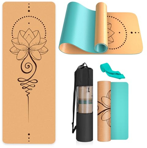 Kork-Yogamatte, rutschfest, einzigartiges Design, natürlicher Kork, TPE-Material, Fitness-Trainingsmatte mit Tragetasche und Gurt, für Zuhause, Pilates, Aerobic Fitnessstudio und Workout(Türkis-2#)