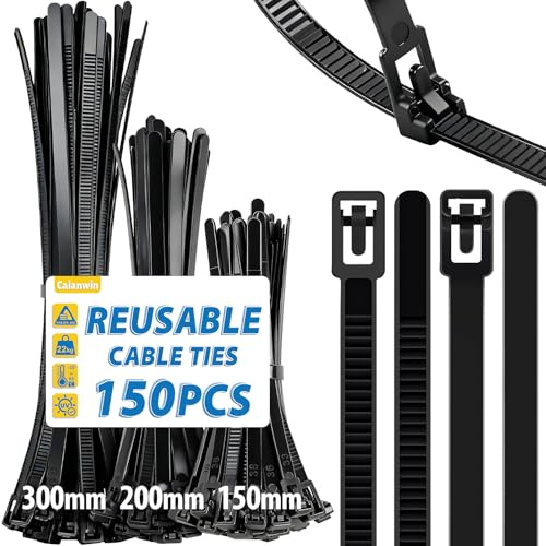Caianwin 150 Stück Kabelbinder Wiederverschließbar 150/200/300mm x 7,2 mm, Zugfestigkeit Bis Zu 22kg, Nylon Kabelbinder Schwarz für Industrie, Gartenbau, Kabelindustrie