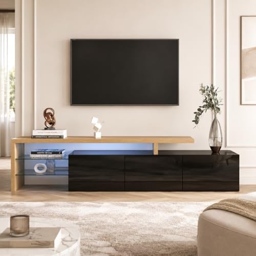 JiaOyu Mobile TV con luci a LED per TV fino a 85 pollici, moderno e lucido, con spazio di archiviazione e ripiani in vetro aperti per soggiorno, camera da letto (colore legno e nero)