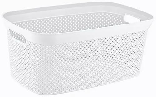 Wäschekorb Plastik Kunststoff Korb Grau Weiß Rattan Optik 35 L (Weiß)