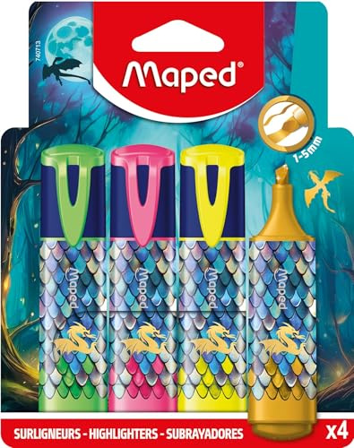 Maped DRAGON Textmarker 4er Set – inkl. Highlighter mit Gold-Effekt, 1–5 mm Keilspitze, schnelltrocknend, stylische Marker für Schule & kreative Projekte