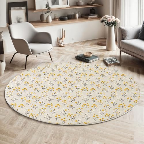 MLSOWM Runder Teppich 60cm, Kleines Blumenmuster Weich Flauschiger Bettvorleger Frisch Und Ländlich rutschfest Kurzflor Rugs für Wohnzimmer, Schlafzimmer, Kamin, Creme