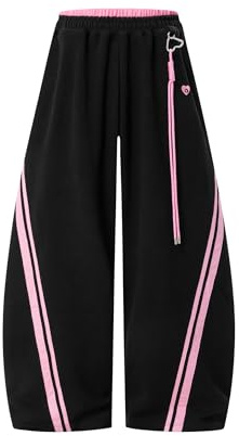 Aelfric Eden Pantaloni da jogging unisex larghi con strisce a contrasto, pantaloni streetwear con portachiavi a forma di cuore, vestibilità larga, stile Y2K, nero e rosa, M