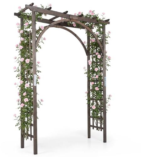 COSTWAY Arche de Jardin en Bois pour Plante Grimpante 220 cm | Arceau de Jardin à Toit Plat Prolongé avec Treillis, Arche Décorative Rosier en Poutres Épaisses, pour Pelouse Cour Fête